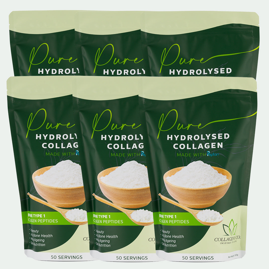 Six packages of Pure Hydrolyzed Collagen Powder by Collagen and Company, with each package containing 500g of the powder.